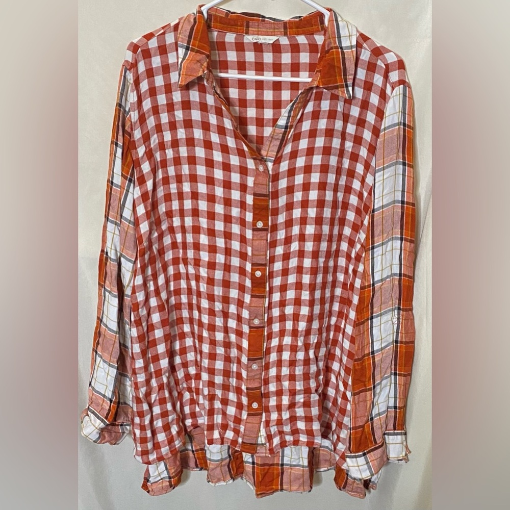 Cato Women’s Plus Size Patchwork Design w/ Gingham and Plaid Button Down Top